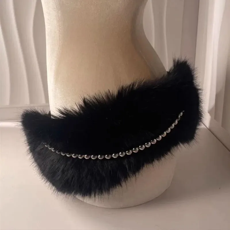 Riri Retro Rabbit Fur Belt Y2K Metal Bead Chain Plush Waist Faux Fur Vintage Waistband Punk Belt