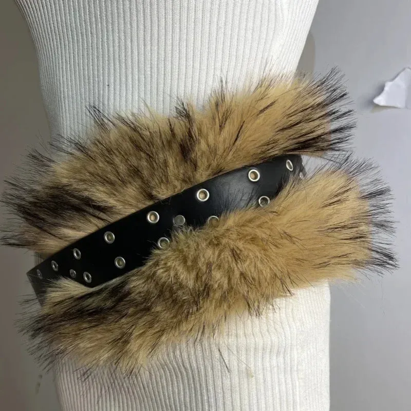 Riri Retro Rabbit Fur Belt Y2K Metal Bead Chain Plush Waist Faux Fur Vintage Waistband Punk Belt