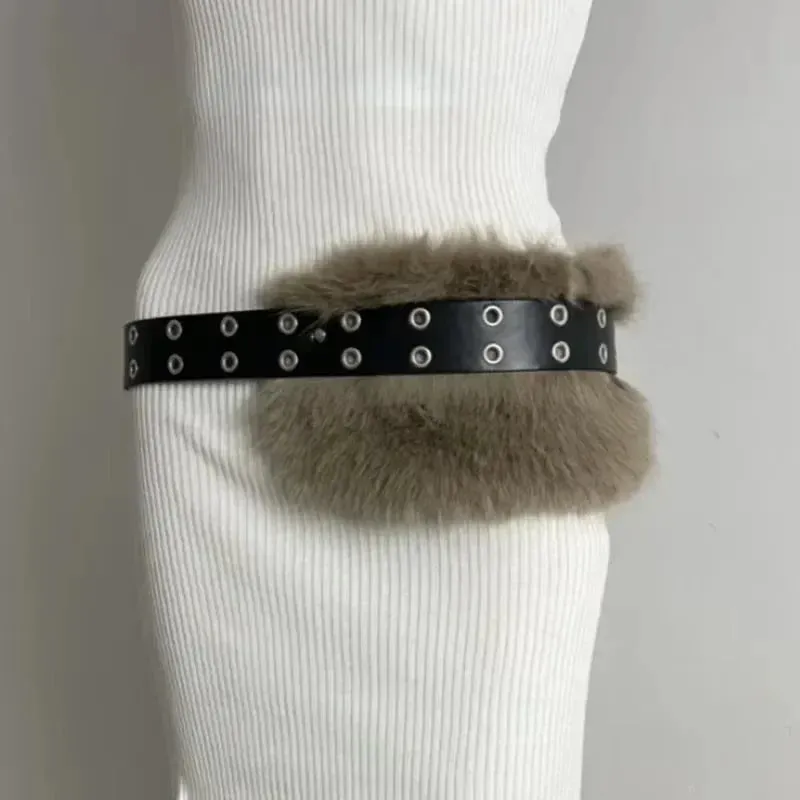 Riri Retro Rabbit Fur Belt Y2K Metal Bead Chain Plush Waist Faux Fur Vintage Waistband Punk Belt