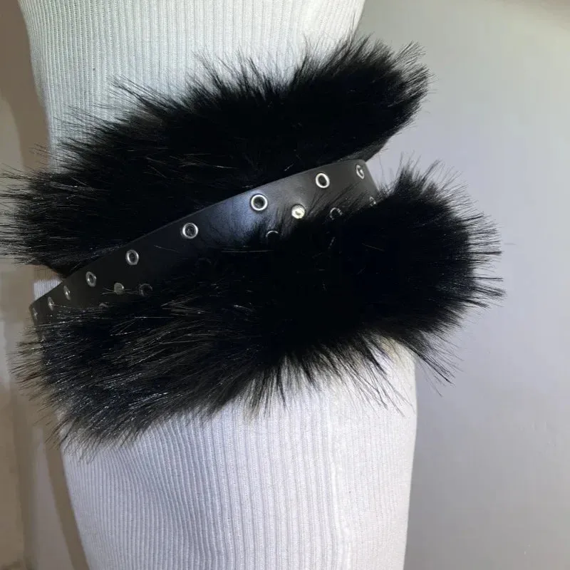 Riri Retro Rabbit Fur Belt Y2K Metal Bead Chain Plush Waist Faux Fur Vintage Waistband Punk Belt