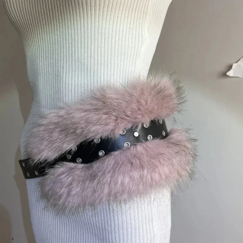 Riri Retro Rabbit Fur Belt Y2K Metal Bead Chain Plush Waist Faux Fur Vintage Waistband Punk Belt