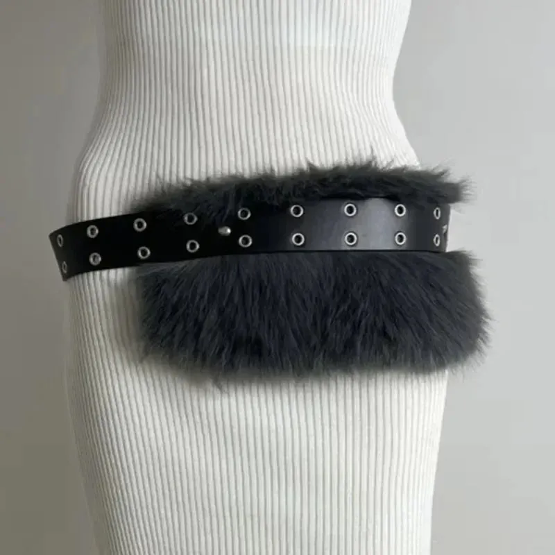 Riri Retro Rabbit Fur Belt Y2K Metal Bead Chain Plush Waist Faux Fur Vintage Waistband Punk Belt