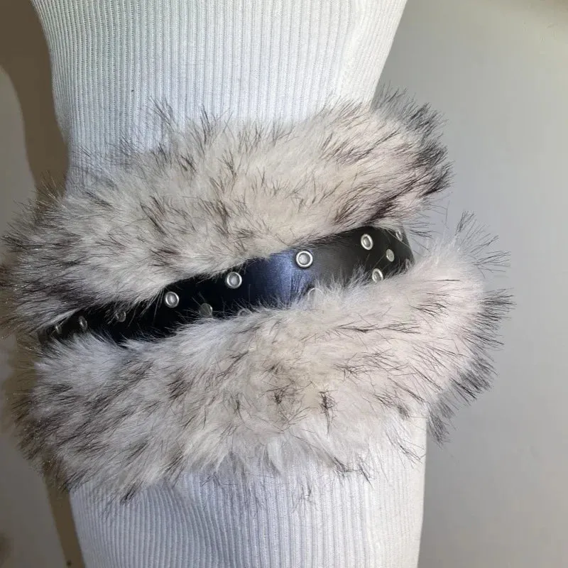 Riri Retro Rabbit Fur Belt Y2K Metal Bead Chain Plush Waist Faux Fur Vintage Waistband Punk Belt