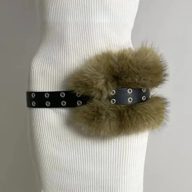 Riri Retro Rabbit Fur Belt Y2K Metal Bead Chain Plush Waist Faux Fur Vintage Waistband Punk Belt