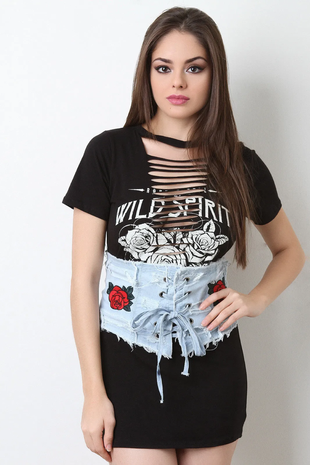 Rose Embroidery Denim Corset Belt