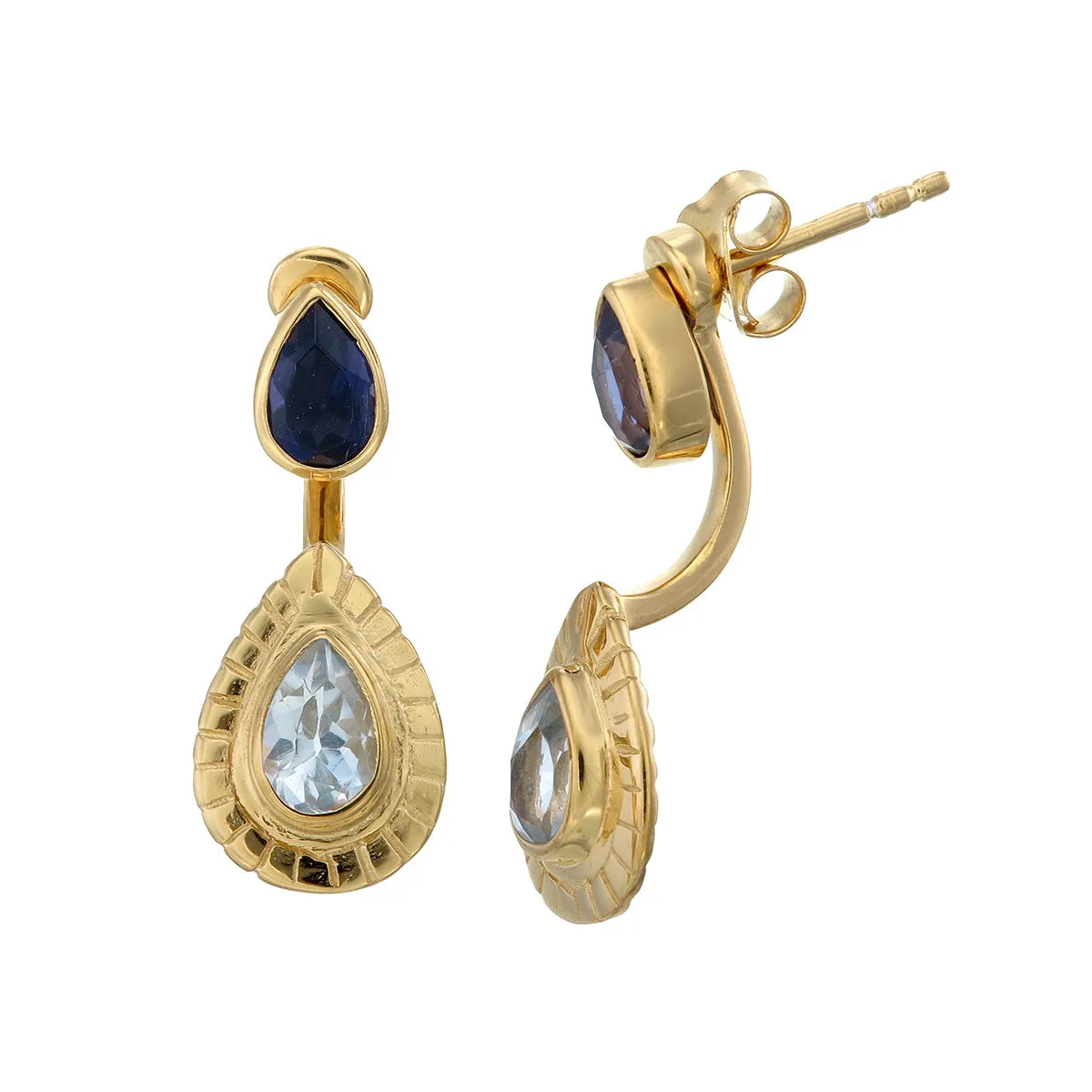 TEARDROP CLAW EARRINGS - AQUAMARINE & IOLITE - GOLD