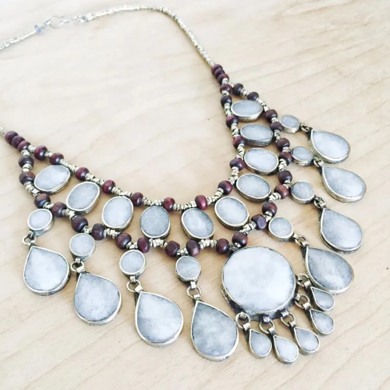 Tribal grey stone boho necklace