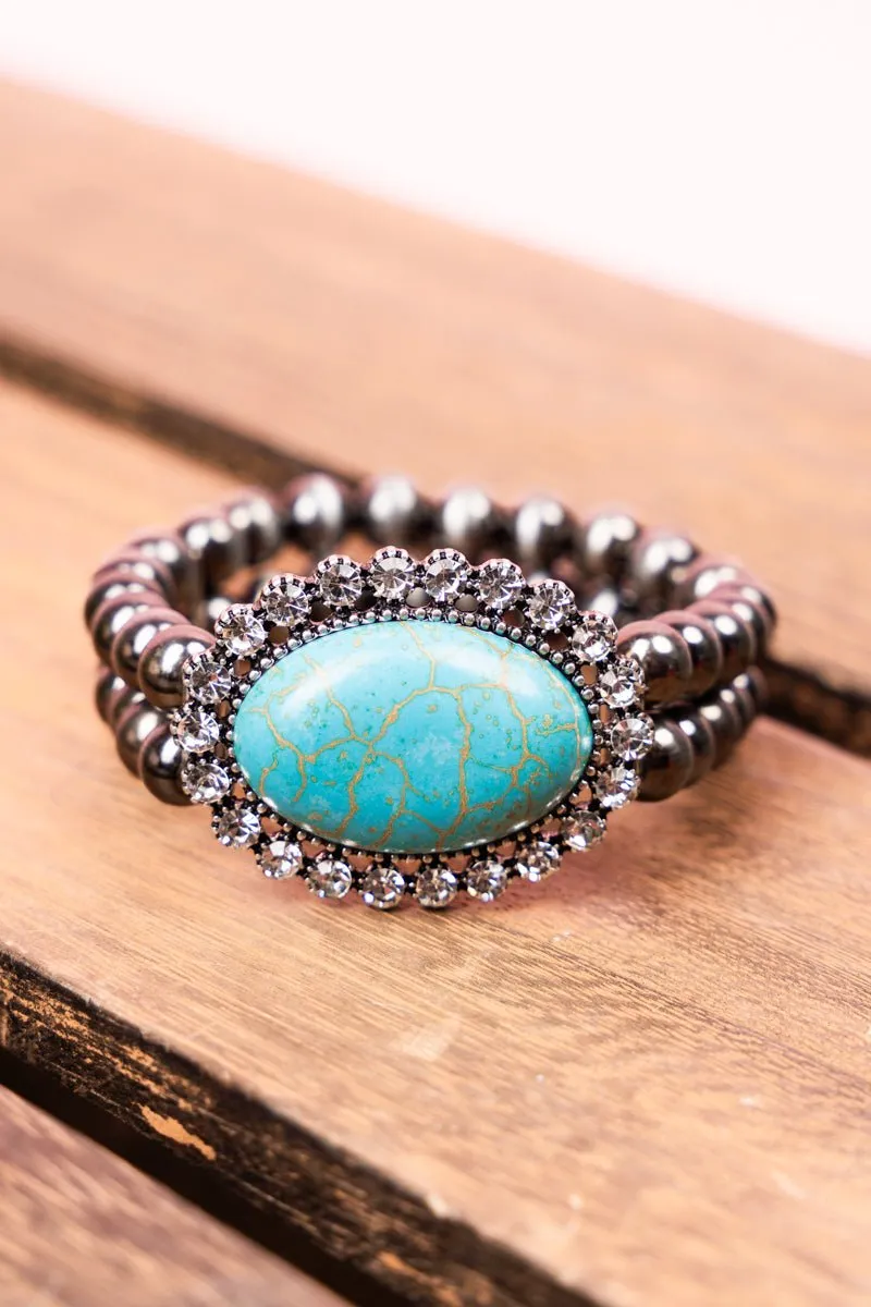 Turquoise Bentley Silvertone Beaded Bracelet Set