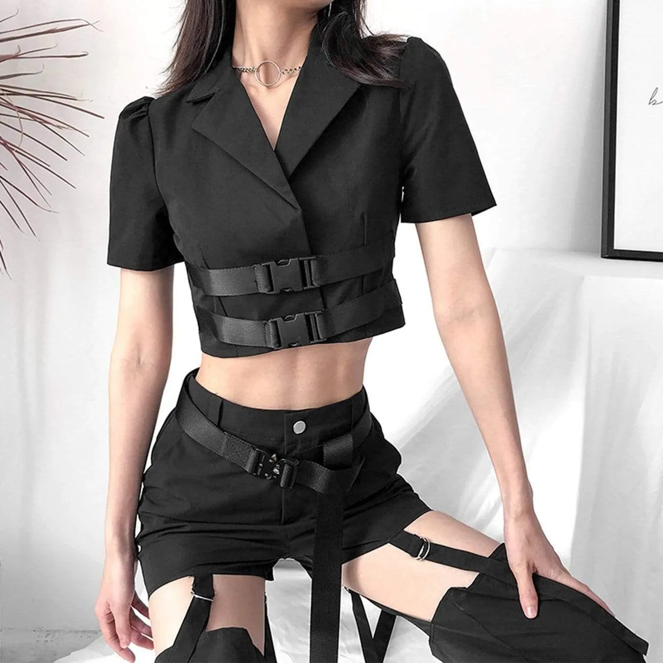 WLS Classic Buckle Tape Belts Crop Top