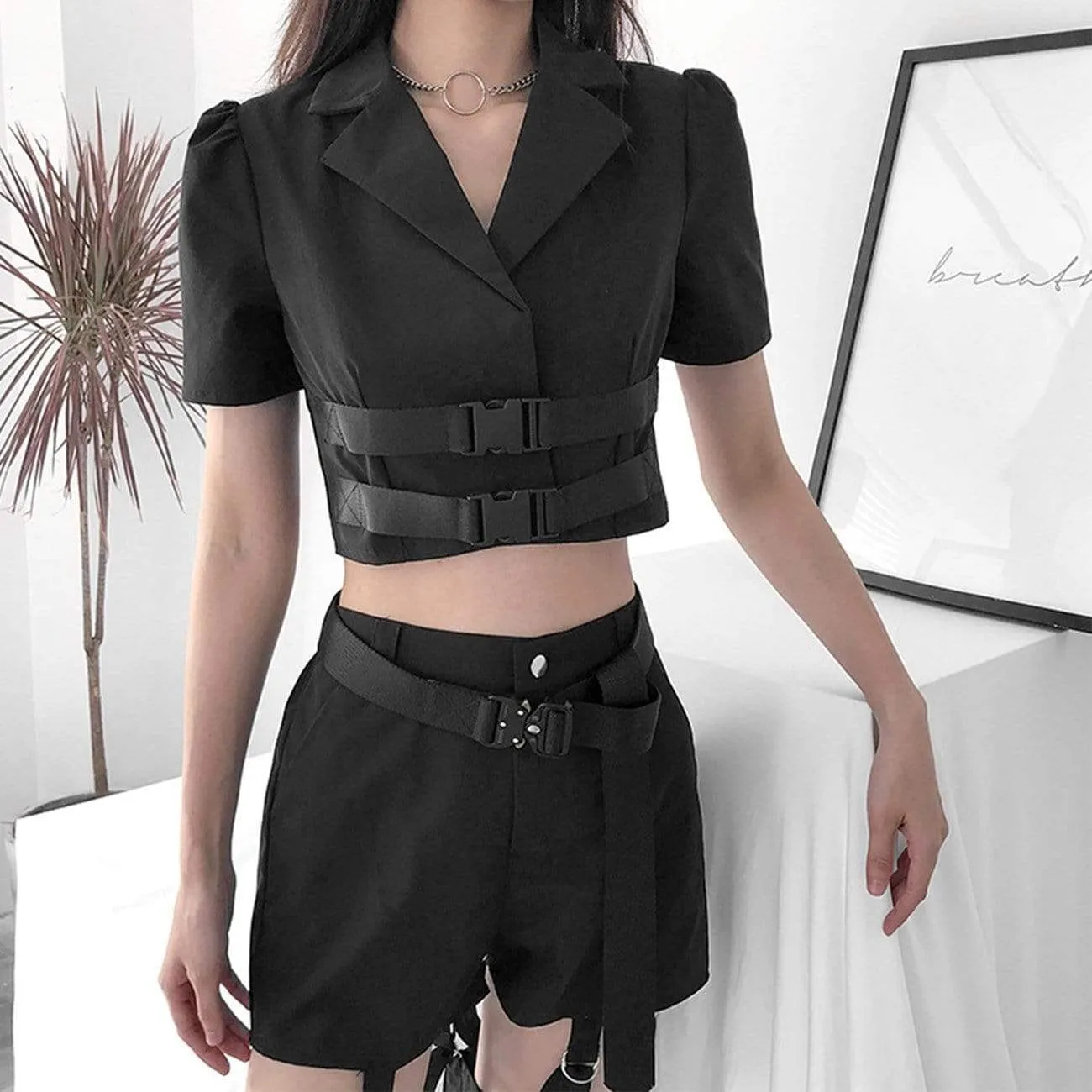 WLS Classic Buckle Tape Belts Crop Top