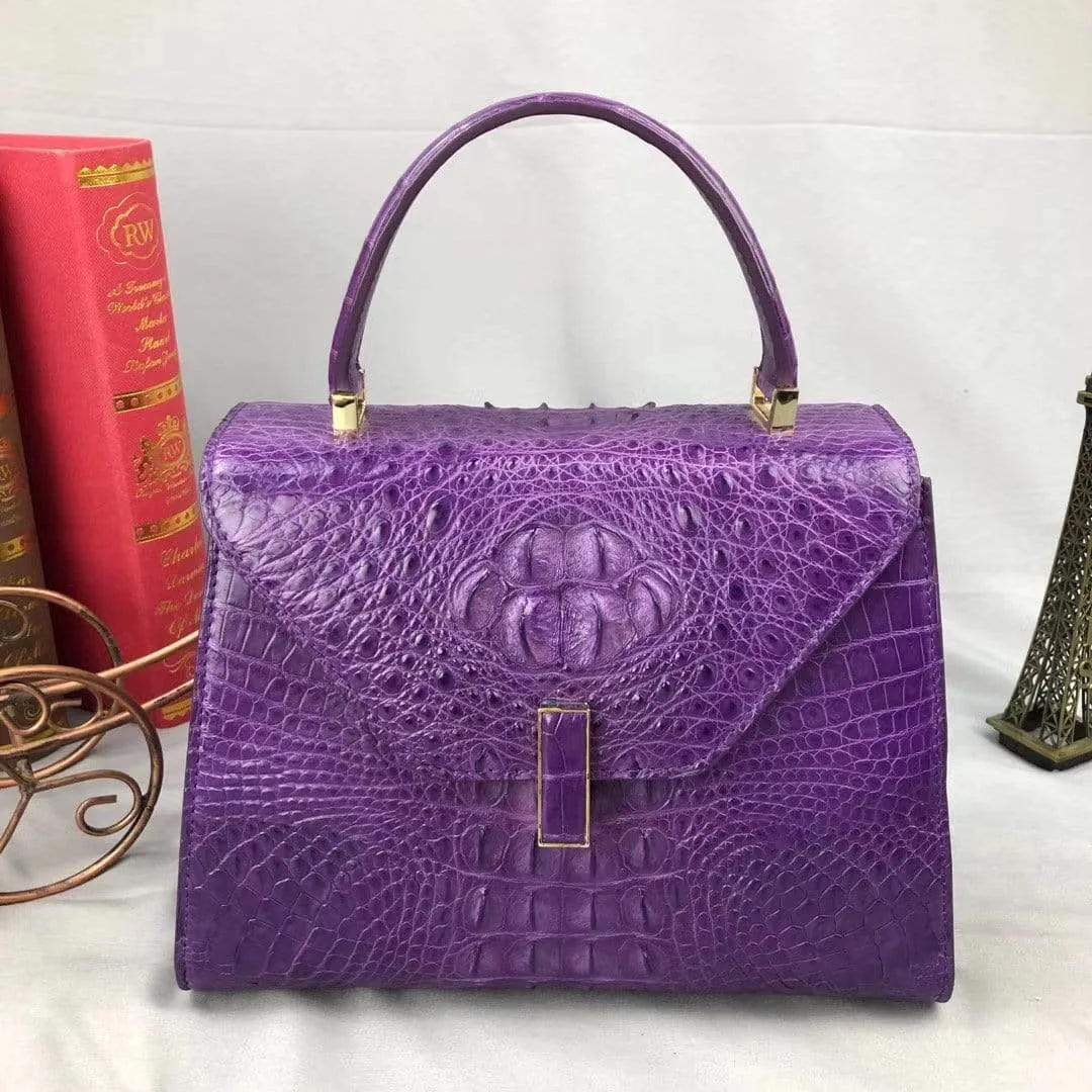 Women Crocodile Leather Top Handle Bags Purple