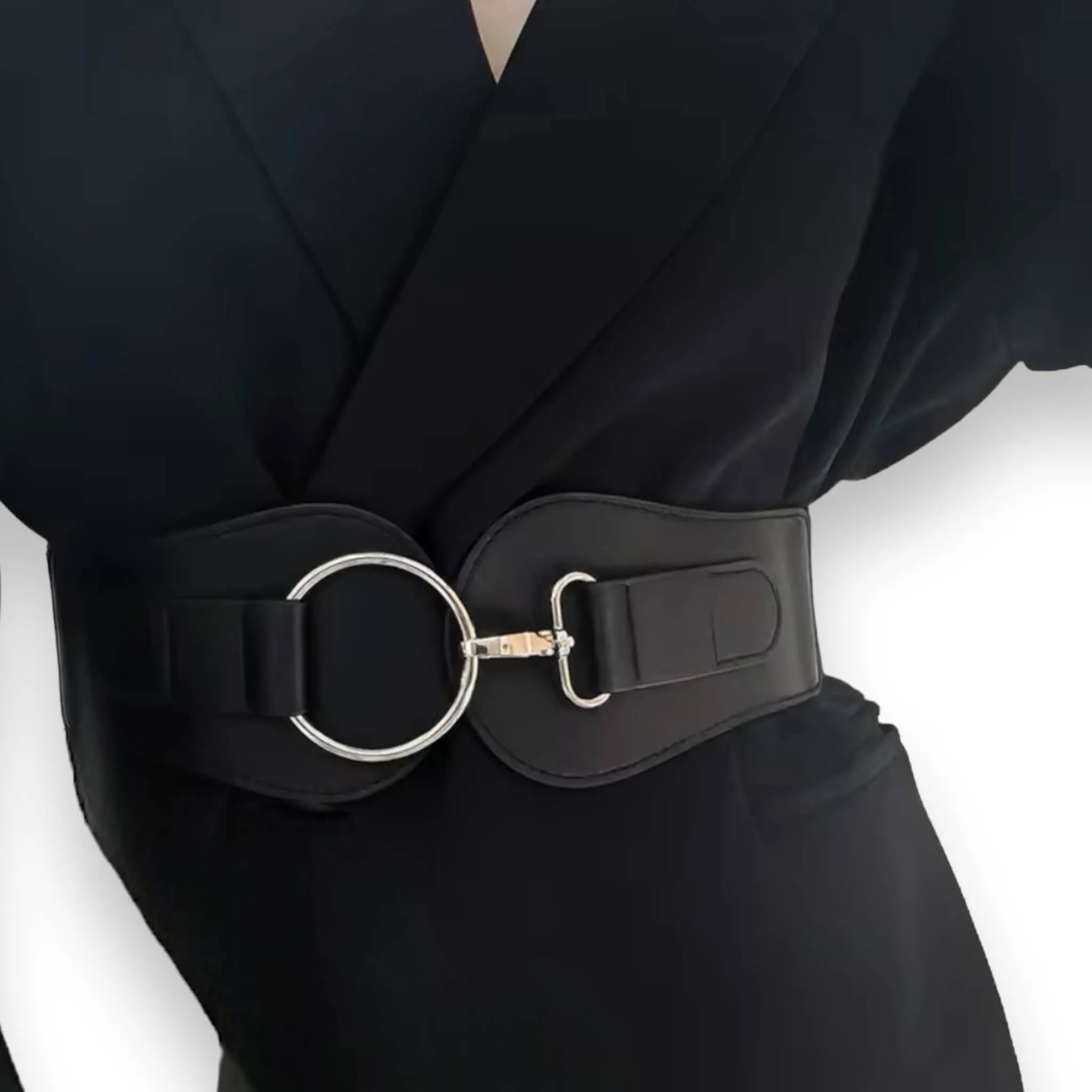 Women's Black Silver Clip Buckle Corset Belt